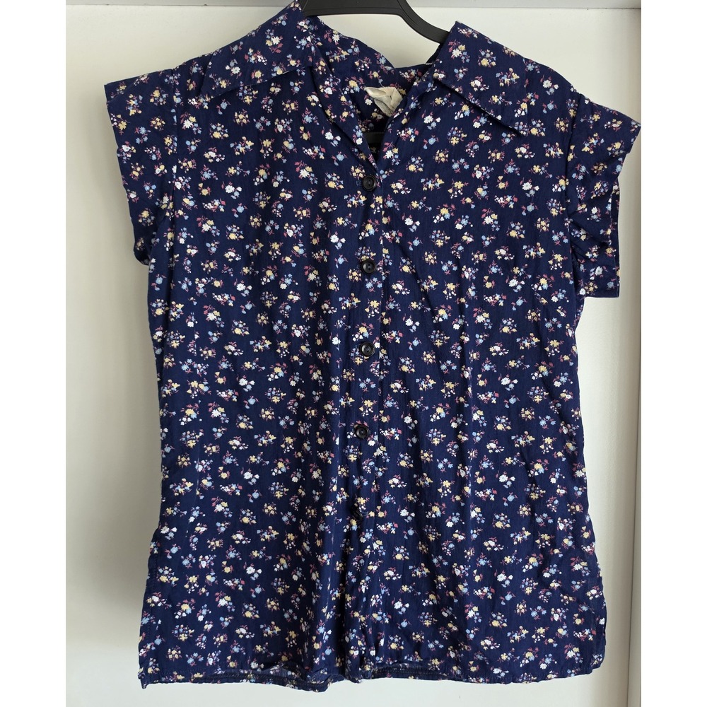 Jean Marie Floral Blouse Short Sleeve Blue Vintage Top Shirt Women's